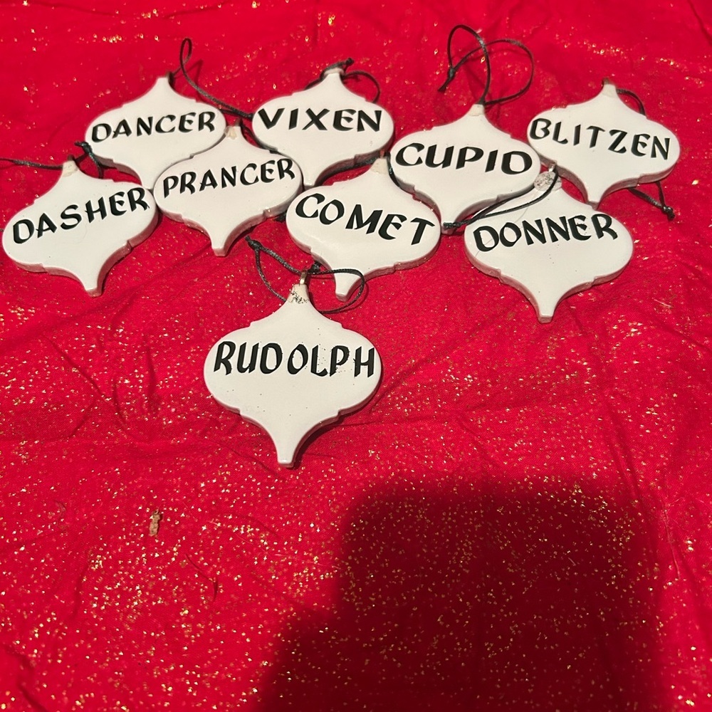 White Christmas Ornament Set with green Reindeer Names- ceramic with vinyl- new